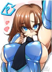 Rule 34 | 1girl, alternate costume, arched back, areola slip, arm above head, armpits, black necktie, blue eyes, blue legwear, breasts, bridal gauntlets, brown hair, commentary request, cosplay, covered erect nipples, eyes visible through hair, hair between eyes, hand up, heart, highres, izayoi sakuya, izayoi sakuya (cosplay), large breasts, long hair, looking at viewer, necktie, original, puffy nipples, signature, smile, solo, tajima yuuki, touhou, wig