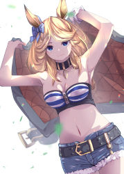 Rule 34 | 1girl, animal ears, armpits, arms up, bandeau, bare arms, bare shoulders, belt, black belt, black choker, blonde hair, blue bow, blue eyes, bow, breasts, choker, cleavage, commentary, cowboy shot, cutoffs, denim, denim shorts, ear bow, gloves, gold city (umamusume), highres, horse ears, long hair, looking at viewer, midriff, nail polish, navel, neo (tyottama), orange nails, short shorts, shorts, simple background, single glove, smile, solo, standing, stomach, strapless, striped bandeau, tube top, umamusume, white background, white gloves