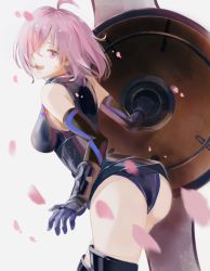 Rule 34 | 1girl, :d, ahoge, armored boots, armored leotard, ass, black leotard, boots, elbow gloves, fate/grand order, fate (series), floating hair, from side, gloves, hair over one eye, highres, holding, holding shield, leaning forward, leotard, looking at viewer, mash kyrielight, medium hair, oekaki taro, open mouth, pink eyes, pink hair, purple gloves, shield, smile, solo, standing, thigh boots, thighhighs