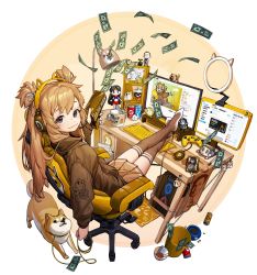 Rule 34 | 1girl, animal ear headphones, animal ears, artist name, bad id, bad twitter id, banknote, bishoujo senshi sailor moon, blush, bowl, brown eyes, brown hair, brown jacket, brown skirt, brown thighhighs, can, cellphone, chair, charm (object), chopsticks, coin, computer, computer tower, controller, cryptocurrency, cup ramen, doge, dollar bill, drink can, elon musk, fake animal ears, figure, game controller, gaming chair, hair ornament, hair ribbon, headphones, highres, holding, holding leash, instant ramen, jacket, keyboard (computer), lamp, leash, legs up, long hair, looking at viewer, looking back, mat, messy hair, money, monitor, mouse (computer), no shoes, office chair, original, pen, pet bowl, pet food, phone, pleated skirt, ribbon, rinotuna, sailor mars, shiba inu, simple background, skirt, smartphone, smile, soda can, solo, speaker, stuffed toy, swivel chair, thighhighs, trash can, twintails, welsh corgi, white ribbon, youtube, zettai ryouiki
