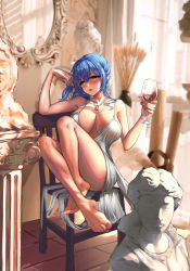 Rule 34 | 1girl, absurdres, alcohol, azur lane, backless dress, backless outfit, bare shoulders, barefoot, blue hair, breasts, butuo (butuo13), chair, cleavage, commentary request, cup, curtains, dress, drinking glass, earrings, evening gown, grey dress, hair between eyes, halter dress, halterneck, highres, holding, holding cup, indoors, jewelry, large breasts, legs up, mirror, nail polish, necklace, no bra, pillar, plunging neckline, purple nails, reflection, revealing clothes, side ponytail, sidelocks, silver dress, sitting, st. louis (azur lane), st. louis (luxurious wheels) (azur lane), statue, thighs, tile floor, tiles, toes, window, wine glass, yellow eyes