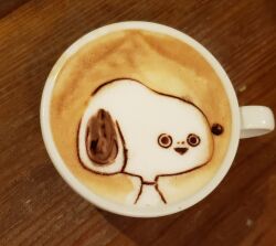 Rule 34 | animal focus, coffee, commentary request, cup, dog, george (yamamoto kazuki), highres, latte art, latte art (medium), looking at viewer, no humans, open mouth, original, peanuts (comic), photo (medium), portrait, sacabambaspis, smile, snoopy, solo, triangle mouth, unconventional media