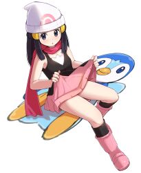 Rule 34 | 1girl, bare arms, beanie, black hair, black shirt, black socks, blush, boots, clothes lift, commentary request, creatures (company), dawn (pokemon), eyelashes, game freak, gen 4 pokemon, grey eyes, hair ornament, hairclip, hat, highres, kneehighs, kutabireta neko, lifted by self, long hair, looking at viewer, nintendo, parted lips, pink footwear, pink scarf, pink skirt, piplup, poke ball print, pokemon, pokemon dppt, scarf, shirt, sidelocks, sitting, skirt, skirt lift, sleeveless, sleeveless shirt, socks, white hat