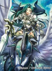 Rule 34 | 1girl, annand (fire emblem), armor, cape, charging forward, circlet, company name, feathered wings, fingerless gloves, fire emblem, fire emblem: genealogy of the holy war, fire emblem cipher, fur trim, gloves, green eyes, green hair, long hair, nagahama megumi, nintendo, official art, open mouth, pegasus, pegasus knight uniform (fire emblem), polearm, snowing, spear, teeth, weapon, wings