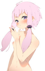 Rule 34 | 1girl, absurdres, ahoge, blush, breasts, bright pupils, collarbone, groin, hair ornament, hand up, highres, light purple hair, looking at viewer, navel, nipples, parted lips, purple eyes, rasusurasu, short hair with long locks, sidelocks, simple background, small breasts, solo, straight hair, sweat, unfinished, upper body, voiceroid, white background, white pupils, yuzuki yukari
