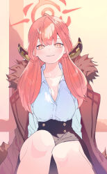 Rule 34 | 1girl, absurdres, aru (blue archive), black skirt, blue archive, blush, brown coat, brown horns, coat, coat on shoulders, collared shirt, demon horns, feet out of frame, fur-trimmed coat, fur trim, halo, highres, horns, long hair, long sleeves, looking at viewer, open mouth, pink hair, pink halo, shirt, skirt, smile, solo, valentine (02140314c), white shirt, yellow eyes