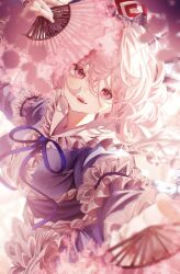 Rule 34 | 1girl, absurdres, flower, frilled kimono, frills, hand fan, highres, holding, holding fan, japanese clothes, kimono, looking at viewer, pink eyes, pink hair, puffy sleeves, saigyouji yuyuko, solo, toho sweet, touhou