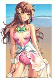 Rule 34 | 1girl, beach, bow, breasts, brown hair, choker, cleavage, cleavage cutout, clothing cutout, epic seven, flower, gyesungja, hair flower, hair ornament, hazel (epic seven), long hair, looking at viewer, one-piece swimsuit, pink one-piece swimsuit, sarong, see-through, smile, star (symbol), star hair ornament, swimsuit, x hair ornament, yellow eyes