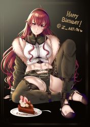 Rule 34 | 1girl, abs, absurdres, aged up, ahoge, arm support, belt, black background, black footwear, black gloves, black hairband, black shorts, blush, breasts, brown belt, cake, cake slice, closed mouth, commentary, crop top, english commentary, eris greyrat, fingerless gloves, food, food on face, fork, frown, fruit, full body, fur-trimmed jacket, fur trim, gift art, gloves, green jacket, green thighhighs, hair between eyes, hairband, happy birthday, highres, jacket, knee up, large breasts, loafers, long hair, long sleeves, looking at viewer, midriff, mushoku tensei, navel, off shoulder, plate, red eyes, red hair, ryuuneart, shirt, shoes, short shorts, shorts, sidelocks, sitting, sleeveless, sleeveless shirt, solo, strawberry, thick eyebrows, thighhighs, toned, toned female, twitter username, very long hair, whipped cream, white shirt