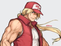 Rule 34 | &gt;:), 1boy, bare shoulders, baseball cap, blonde hair, blue eyes, closed mouth, clothes writing, commentary request, dan (kumadan), fatal fury, grey background, hat, long hair, male focus, muscular, nintendo, open clothes, open vest, pectorals, red hat, red vest, simple background, sketch, smile, solo, super smash bros., tank top, terry bogard, twitter username, upper body, v-shaped eyebrows, vest, white tank top