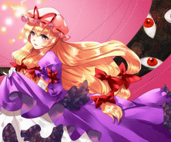 Rule 34 | 1girl, blonde hair, blush, clothes lift, commentary request, cowboy shot, dress, elbow gloves, eyeball, floating hair, frilled skirt, frills, gap (touhou), gloves, hat, hat ribbon, lifted by self, light particles, light smile, long hair, looking to the side, low-tied long hair, mob cap, nagare, parted lips, partial commentary, petticoat, pink background, pink hat, puffy short sleeves, puffy sleeves, purple dress, purple eyes, ribbon, short sleeves, skirt, skirt lift, solo, standing, touhou, very long hair, white gloves, yakumo yukari