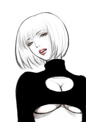 Rule 34 | 1girl, breasts, cleavage cutout, clothing cutout, female focus, fujii eishun, large breasts, lips, looking at viewer, open mouth, original, short hair, simple background, sketch, solo, underboob, white background