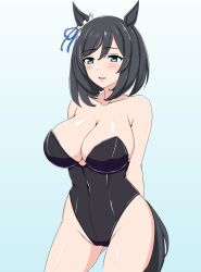 Rule 34 | 1girl, animal ears, arms behind back, bare legs, bare shoulders, black hair, black leotard, blue background, blue eyes, blush, bob cut, breasts, cleavage, commentary, covered navel, cowboy shot, ear scrunchie, eishin flash (umamusume), gradient background, half-closed eyes, highres, horse ears, horse girl, horse tail, large breasts, leotard, looking to the side, neo gyzar, open mouth, playboy bunny, short hair, smile, solo, standing, strapless, strapless leotard, tail, umamusume