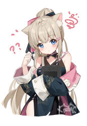 Rule 34 | 1girl, :/, ?, ??, animal ear fluff, animal ears, artist name, bare shoulders, blonde hair, blue eyes, blush, cat ears, character request, china dress, chinese clothes, closed mouth, coat, copyright request, cropped legs, drawing tablet, dress, ear down, hair between eyes, hair ornament, hand up, head tilt, holding, holding pen, lenka1264504528, long hair, long sleeves, looking at viewer, off shoulder, pen, ponytail, raised eyebrow, simple background, sleeveless, sleeveless dress, sleeves past fingers, sleeves past wrists, solo, very long hair, virtual youtuber, white background, wide sleeves