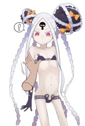 Rule 34 | !, &gt;:(, 1girl, abigail williams (fate), abigail williams (swimsuit foreigner) (fate), armpit crease, arms behind back, bare shoulders, bikini, black bikini, black bow, black gloves, blush, bodypaint, bow, bright pupils, closed mouth, collarbone, cowboy shot, disembodied limb, fate/grand order, fate (series), flat chest, gloves, groin tendon, hoso loli ecchi-e man, keyhole, long hair, micro bikini, navel, orange bow, painted clothes, pale skin, parted bangs, red eyes, ribs, simple background, skinny, solo focus, split mouth, spoken exclamation mark, standing, swimsuit, third eye, v-shaped eyebrows, v-shaped eyes, very long hair, white background