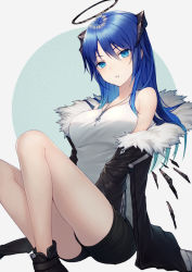 Rule 34 | 1girl, arknights, bare legs, bare shoulders, black jacket, black shorts, blue eyes, blue hair, breasts, detached wings, energy wings, full body, fur-trimmed hood, fur-trimmed jacket, fur trim, gun, halo, hood, horns, jacket, jewelry, kriss vector, kyoeiki, looking at viewer, medium breasts, medium hair, mostima (arknights), necklace, open mouth, shirt, shorts, simple background, sleeveless, sleeveless shirt, submachine gun, weapon, white background, wings