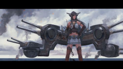 Rule 34 | 10s, 1girl, absurdres, aircraft, airplane, bad id, bad pixiv id, bare shoulders, battleship, blue sky, brown eyes, brown hair, cannon, cloud, cloudy sky, damaged, deep wound, fingerless gloves, frown, gloves, headgear, headpiece, highres, injury, kantai collection, letterboxed, long hair, machinery, military, military vehicle, nagato (kancolle), nkmr ke, ocean, oil, onjo (nkmr), severed arm, severed limb, ship, skirt, sky, smoke, solo, thighhighs, very long hair, warship, water, watercraft, wind