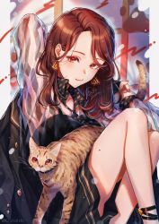 Rule 34 | 1girl, black skirt, brown hair, cat, closed mouth, collarbone, colored sclera, earrings, highres, jewelry, long hair, long sleeves, looking at viewer, miniskirt, nail polish, original, pleated skirt, red eyes, red nails, red sclera, see-through, see-through sleeves, shinishi chiho, sitting, skirt, smile, solo, sparkle, twitter username