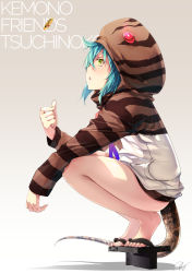 Rule 34 | 10s, 1girl, :&lt;, animal hood, animal print, aqua hair, aura, bare legs, character name, coin, coin flip, copyright name, feet, from side, full body, geta, glowing, glowing eyes, green eyes, half-closed eyes, highres, hood, hoodie, japari coin, kemono friends, legs, looking up, open mouth, re lucy, signature, simple background, slippers, snake tail, solo, squatting, tail, tengu-geta, text focus, toes, triangle mouth, tsuchinoko (kemono friends), white background