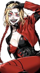Rule 34 | 1girl, absurdres, blonde hair, braid, breasts, choker, corset, crazy smile, cropped jacket, dc comics, dc extended universe, facial tattoo, goggles, goggles on head, hair intakes, half-closed eyes, harley quinn, heart, heart tattoo, highres, jacket, medium breasts, messy hair, multicolored clothes, multicolored hair, open mouth, pale skin, pants, parted bangs, red hair, simple background, smile, solo, suicide squad, tattoo, teeth, thighs, twin braids, urkt 10, white background, zipper