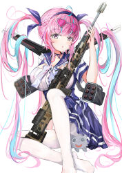 Rule 34 | 1girl, :o, absurdres, ahoge, anchor symbol, blue dress, blue hair, blue hairband, blue ribbon, blunt bangs, blush, braid, breasts, choker, colored inner hair, dress, eyewear on head, frilled sailor collar, frills, glasses, gun, hair ribbon, hairband, heart, heart-shaped eyewear, highres, holding, holding gun, holding weapon, hololive, knee up, large breasts, long hair, looking at viewer, minato aqua, minato aqua (sailor), multicolored hair, neko (minato aqua), no shoes, open mouth, pantyhose, pink-tinted eyewear, pink eyes, pink hair, ribbon, ribbon choker, sailor collar, sidelocks, simple background, sitting, solo, streaked hair, tinted eyewear, twintails, two-tone hair, very long hair, virtual youtuber, weapon, white background, white pantyhose, xianxiangguan coffee