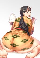 Rule 34 | 1girl, ass, barefoot, belt, black eyes, black hair, blunt bangs, blush, bowl, broken tooth, chopsticks, colored skin, commentary request, curvy, dungeon meshi, food, food on face, from behind, full body, grey background, highres, horns, inutade, inutade (dungeon meshi), japanese clothes, kimono, kobamiso (kobalt), long hair, looking back, low twintails, missing tooth, oni, oni horns, open mouth, pink skin, rice, rice bowl, rice on face, short kimono, sitting, soles, solo, thick thighs, thighs, toes, twintails, wariza