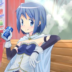 Rule 34 | 10s, 1girl, armband, bench, blue eyes, blue hair, brand name imitation, can, cape, drink, fortissimo, gloves, hair ornament, hairclip, highres, magical girl, mahou shoujo madoka magica, mahou shoujo madoka magica (anime), mahou shoujo madoka magica movie 1 &amp; 2, matching hair/eyes, miki sayaka, musical note, musical note hair ornament, pocari sweat, product placement, short hair, smile, solo, soul gem, teikiatsu, vending machine