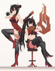 Rule 34 | &gt;:), 2girls, agent (girls&#039; frontline), arm up, bare arms, bare shoulders, black eyes, black gloves, black hair, black legwear, blush, boots, breasts, card, china dress, chinese clothes, claw pose, closed mouth, commentary, crop top, double bun, dress, english commentary, folding fan, full body, garter straps, girls&#039; frontline, gloves, grey background, hair ribbon, hand fan, hand in own hair, high heel boots, high heels, highres, holding, holding card, holding fan, knee boots, leg up, crossed legs, looking at viewer, medium breasts, midriff, multiple girls, navel, ouroboros (girls&#039; frontline), panties, pantyshot, persocon93, print dress, red dress, red footwear, red panties, red ribbon, red skirt, ribbon, short dress, side slit, sideboob, sitting, skirt, sleeveless, sleeveless dress, smile, standing, standing on one leg, stomach, stool, thighhighs, twintails, underwear, upskirt, v-shaped eyebrows