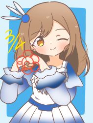 Rule 34 | 1girl, ;), absurdres, artist name, artist request, blue background, blue dress, blue skirt, blush, breasts, brown eyes, brown hair, dreamy color, dreamy color (love live!), dress, feather dress, feather hair ornament, feathers, female focus, frilled dress, frills, hair between eyes, hair ornament, heart, heart hands, highres, kunikida hanamaru, layered skirt, light brown hair, long hair, long sleeves, looking at viewer, love live!, love live! school idol festival, love live! sunshine!!, miniskirt, one eye closed, parted lips, plaid, plaid dress, plaid skirt, pleated, pleated dress, pleated skirt, pom pom (clothes), pom pom hair ornament, skirt, small breasts, smile, solo, white dress, white feathers, wink, yellow eyes