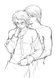 Rule 34 | 2boys, arm up, bare shoulders, collarbone, commentary request, dress shirt, glasses, greyscale, hand in pants, hand to own mouth, jokanhiyou, monochrome, multiple boys, muscular, necktie, original, shirt, short hair, yaoi