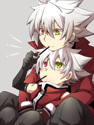 Rule 34 | 2boys, arc system works, bad id, bad pixiv id, black pants, blazblue, coat, dual persona, food, food in mouth, green eyes, grey background, heterochromia, kuro yuzu, male focus, mouth hold, multiple boys, pants, pocky, ragna the bloodedge, red eyes, spiked hair, white hair, aged down