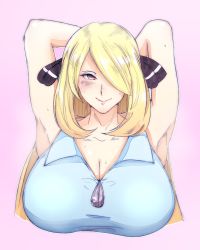 Rule 34 | 1girl, armpits, arms up, bare arms, blonde hair, blue shirt, blush, breasts, brown eyes, cleavage, creatures (company), cynthia (pokemon), female focus, game freak, hair ornament, hair over one eye, half-closed eyes, highres, huge breasts, long hair, looking at viewer, nintendo, pink background, pokemon, pokemon dppt, romo (samesameyeah), shirt, simple background, sleeveless, sleeveless shirt, smile, solo, sweat, upper body