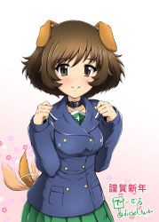Rule 34 | 10s, 1girl, absurdres, afterimage, akiyama yukari, animal ears, blue coat, blue jacket, blush, breasts, brown eyes, brown hair, chinese zodiac, choker, closed mouth, coat, collar, commentary request, diesel-turbo, dog ears, dog tail, floral background, girls und panzer, gradient background, green skirt, highres, jacket, kemonomimi mode, long sleeves, looking at viewer, medium breasts, messy hair, military, military uniform, nengajou, new year, ooarai school uniform, paw pose, pink background, pleated skirt, pocket, school uniform, short hair, skirt, smile, solo, standing, tail, tail wagging, translation request, twitter username, uniform, upper body, w arms, winter uniform, year of the dog