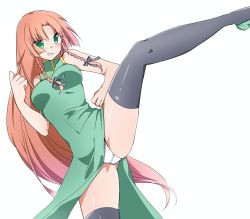 Rule 34 | 1girl, adapted costume, bare arms, bare shoulders, black thighhighs, braid, breasts, china dress, chinese clothes, clenched hands, clenched teeth, dress, green eyes, highres, hong meiling, kicking, leg lift, long hair, panties, red hair, side slit, sleeveless, sleeveless dress, solo, teeth, thighhighs, thighs, touhou, twin braids, underwear, white panties, yukina (masyumaro610)