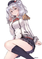 Rule 34 | 10s, 1girl, breasts, epaulettes, twirling hair, kantai collection, kashima (kancolle), kerchief, looking at viewer, meto31, military, military uniform, purple eyes, silver hair, smile, solo, tsurime, twintails, uniform, wavy hair