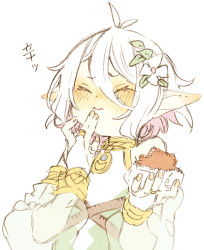 Rule 34 | 1girl, abara heiki, antenna hair, bare shoulders, blush, bridal gauntlets, closed eyes, closed mouth, detached sleeves, dress, fingernails, flower, food, hair between eyes, hair flower, hair ornament, hand to own mouth, hand up, holding, holding food, kokkoro (princess connect!), long sleeves, multicolored hair, nose blush, pink hair, pointy ears, princess connect!, puffy long sleeves, puffy sleeves, see-through, see-through sleeves, simple background, sleeveless, sleeveless dress, solo, translated, two-tone hair, white background, white dress, white flower, white hair