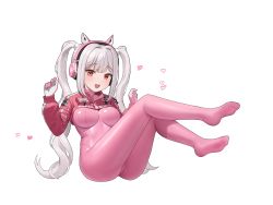 Rule 34 | 1girl, absurdres, alice (nikke), animal ears, blush, bodysuit, breasts, commentary, fake animal ears, full body, goddess of victory: nikke, hands up, headphones, headset, heart, highres, long hair, long sleeves, looking at viewer, masca, medium breasts, open mouth, pink bodysuit, red eyes, shiny clothes, shrug (clothing), simple background, sitting, skin tight, smile, teeth, twintails, upper teeth only, white background, white hair