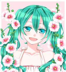 Rule 34 | 1girl, :d, blue eyes, collarbone, flower, green hair, hair between eyes, hatsune miku, head tilt, long hair, looking at viewer, open mouth, smile, solo, sorano namida, twintails, upper body, very long hair, vocaloid, white flower