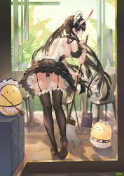 Rule 34 | &gt; &lt;, 1girl, apron, atdan, azur lane, back, backless dress, backless outfit, black dress, black hair, black thighhighs, blunt bangs, blush stickers, bow, bracelet, breasts, chair, closed eyes, day, detached collar, detached sleeves, dress, feet, frilled dress, frills, full body, garter straps, heart, highres, holding, horns, indoors, jewelry, long hair, maid, maid headdress, manjuu (azur lane), medium breasts, menu, mixed-language commentary, mop, no shoes, noshiro (azur lane), noshiro (hold the ice) (azur lane), official alternate costume, panties, pantyshot, puffy short sleeves, puffy sleeves, restaurant, short sleeves, sideboob, skin-covered horns, small breasts, soles, solo focus, table, thighhighs, underwear, very long hair, waist apron, white apron, white bow