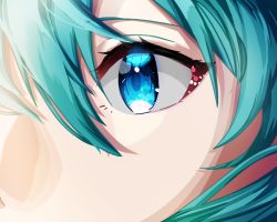 Rule 34 | 1girl, aqua hair, blue eyes, close-up, commentary request, eye focus, eyelashes, facing viewer, glitter, glowing, glowing eye, hair between eyes, hatsune miku, highres, light, long hair, looking afar, shaded face, sidelighting, solo, symbol in eye, t maguo, tareme, upper body, vocaloid
