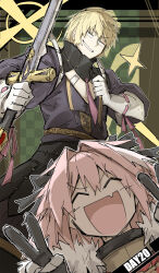Rule 34 | 2boys, ;d, astolfo (fate), black ribbon, blonde hair, cape, checkered background, double v, durandal (fate), fate/grand order, fate (series), fur-trimmed cape, fur trim, gloves, grin, hair between eyes, hair ribbon, highres, holding, holding sword, holding weapon, juliet sleeves, kankan33333, long sleeves, multiple boys, necktie, one eye closed, open mouth, outline, pink hair, pink necktie, pink ribbon, puffy sleeves, ribbon, roland (fate), shoulder belt, sleeve ribbon, smile, sword, v, weapon, white gloves, white outline