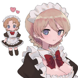 Rule 34 | 2girls, alternate costume, apron, black dress, blonde hair, blue eyes, bow, bowtie, braid, breasts, brooch, chibi, cleavage, cleavage cutout, closed mouth, clothing cutout, commentary, darjeeling (girls und panzer), detached collar, dress, enmaided, girls und panzer, heart, highres, jewelry, looking at viewer, maid, maid apron, maid headdress, medium breasts, multiple girls, orange hair, orange pekoe (girls und panzer), parted bangs, puffy short sleeves, puffy sleeves, red bow, red bowtie, ri (qrcode), short hair, short sleeves, simple background, smile, twin braids, white apron, white background, wing collar