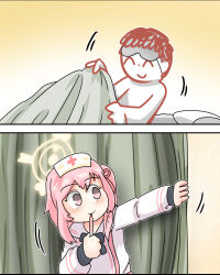 Rule 34 | 1boy, 1girl, 2koma, doodle sensei (blue archive), blue archive, c/h, comic, commentary, curtains, feather hair, hair between eyes, halo, hat, holding, holding thermometer, long hair, long sleeves, mixed-language commentary, nurse, nurse cap, one side up, pink eyes, pink hair, school uniform, sensei (blue archive), serafuku, serina (blue archive), sidelocks, silent comic, thermometer