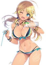 Rule 34 | 1girl, ;d, ahoge, bikini, bikini tan, blonde hair, blue eyes, bracelet, breasts, cleavage, contrapposto, cowboy shot, flower, front-tie bikini top, front-tie top, gluteal fold, hachimiya meguru, hair flower, hair ornament, head tilt, idolmaster, idolmaster shiny colors, jewelry, large breasts, layered bikini, long hair, looking at viewer, low twintails, navel, necklace, one eye closed, ootomo takuji, open mouth, shiny skin, side-tie bikini bottom, simple background, skindentation, smile, solo, swimsuit, tan, tanline, twintails, wet, white background
