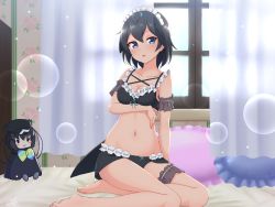 Rule 34 | 1girl, absurdres, arm under breasts, bare legs, barefoot, black hair, blue eyes, breasts, character doll, collarbone, commentary, curtains, day, frilled pillow, frills, full body, head wings, highres, indoors, kemono friends, lingerie, looking at viewer, maid headdress, medium breasts, navel, on bed, open mouth, pillow, shiraha maru, short hair, sitting, solo, superb bird-of-paradise (kemono friends), tail, underwear, underwear only, western parotia (kemono friends), window, wings, yokozuwari