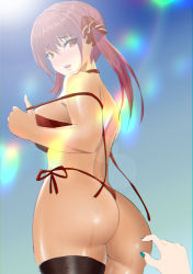 Rule 34 | 2girls, absurdres, ass, back, bikini, black legwear, blue nails, breasts, heterochromia, highres, hololive, houshou marine, large breasts, lens flare, long hair, looking back, multiple girls, nail polish, open mouth, red bikini, red eyes, red hair, seven (corea0918), side-tie bikini bottom, solo focus, swimsuit, thighhighs, twintails, untied bikini, virtual youtuber, wet, yellow eyes