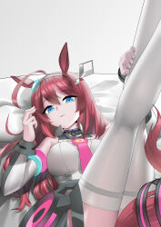 Rule 34 | 1girl, absurdres, ahoge, animal ears, bare shoulders, blue eyes, breasts, brown hair, closed mouth, commentary request, detached sleeves, ear ornament, feet out of frame, grey leotard, hair between eyes, highres, horse ears, horse girl, horse tail, large breasts, legs, legs up, leotard, long hair, long sleeves, looking at viewer, mihono bourbon (umamusume), necktie, on bed, pillow, pink necktie, rigging, silver hairband, simple background, solo, tail, umamusume, white background, xiao xiao xiaci