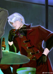 Rule 34 | 1boy, absurdres, alcohol, black gloves, blue eyes, closed mouth, coat, cup, dante (devil may cry), devil may cry (series), devil may cry 1, drinking, drinking glass, drunk, gloves, hair over one eye, highres, holding, long hair, male focus, red coat, solo, white hair