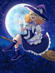Rule 34 | 1girl, arm behind back, arm up, black skirt, blonde hair, blush, boots, braid, breasts, broom, broom riding, cleavage, fingerless gloves, frilled skirt, frills, gloves, hair between eyes, hat, kirisame marisa, long hair, looking at viewer, moon, night, night sky, okmny22, open mouth, puffy short sleeves, puffy sleeves, ribbon-trimmed sleeves, ribbon trim, shirt, short sleeves, skirt, sky, solo, star (sky), starry sky, touhou, white gloves, white shirt, yellow eyes