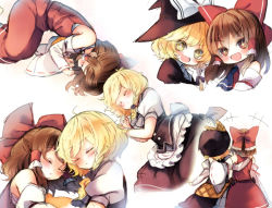 Rule 34 | +++, 2girls, :d, apron, arm around shoulder, back, black hat, black skirt, black vest, blonde hair, blush, bow, braid, brown eyes, brown hair, buttons, collared shirt, detached sleeves, eyebrows, frilled apron, frills, hair bow, hair ornament, hakurei reimu, half updo, hand on another&#039;s shoulder, hat, hat bow, head tilt, heads together, kirisame marisa, lying, multiple girls, multiple views, no headwear, on side, open mouth, piyokichi, plaid, plaid bow, puffy short sleeves, puffy sleeves, red bow, red ribbon, ribbon, sash, shirt, short hair, short sleeves, side-by-side, side braid, single braid, sketch, skirt, sleeping, smile, sparkling eyes, swept bangs, touhou, vest, waist apron, white apron, white background, white bow, white shirt, yellow eyes